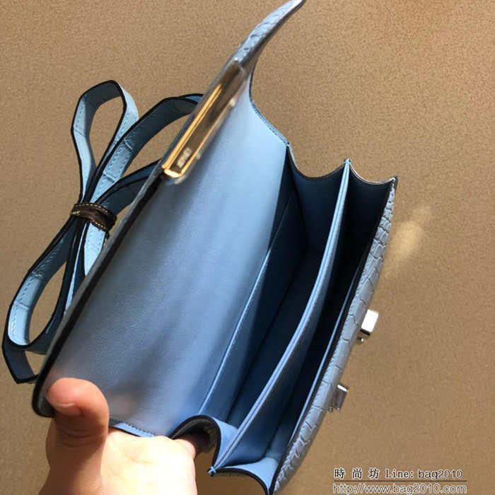 HERMES愛馬仕 康康18cm alligator crocodile 美洲鱷 頂級工藝 蠟線手縫 馬卡龍蘭 銀扣  Ama1515